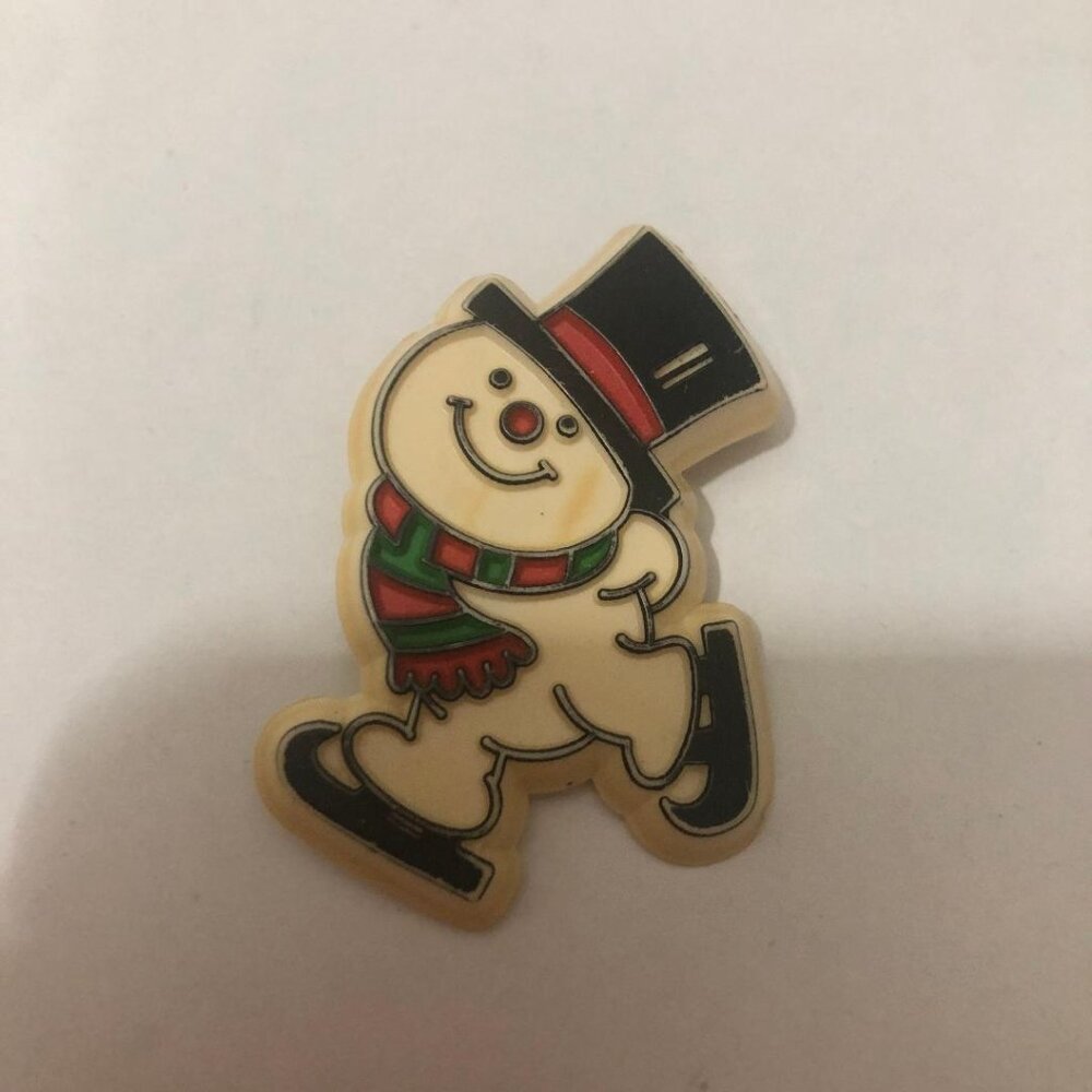 Vintage Hallmark Christmas Lapel Pin Brooch Frosty The Snowman Skating Holiday